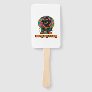 Halloween Black Cat Stay Spooky Retro Witch Cat w Hand Fan