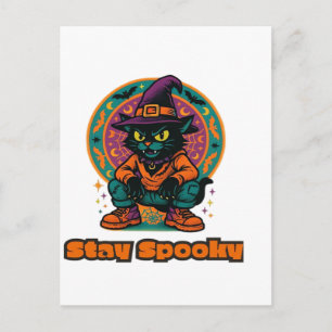 Halloween Black Cat Stay Spooky Retro Witch Cat w Postcard