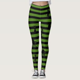Halloween Black Cat & Stripes Leggings Olive Green