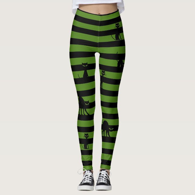 Halloween Black Cat & Stripes Leggings Olive Green (Front)