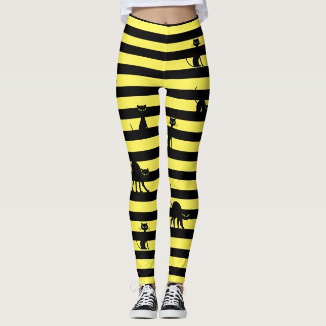 Halloween Black Cat & Stripes Leggings Yellow (Front)
