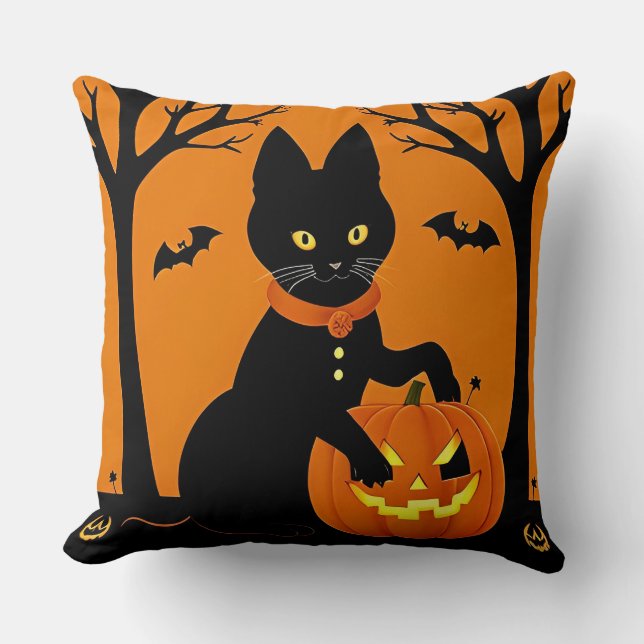 Halloween Black Cat Surrounded by Jack-o'-Lanterns Cushion (Front)