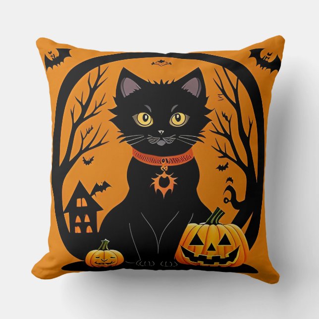 Halloween Black Cat Surrounded by Jack-o'-Lanterns Cushion (Front)
