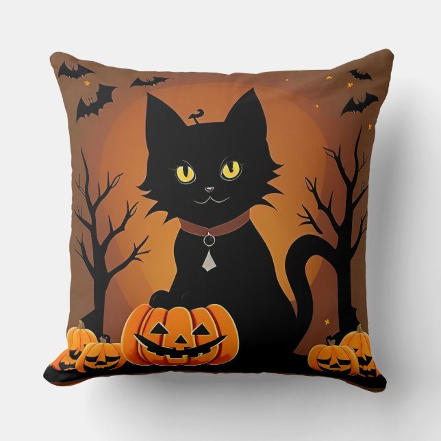 Halloween Black Cat Surrounded by Jack-o'-Lanterns Cushion (Front)