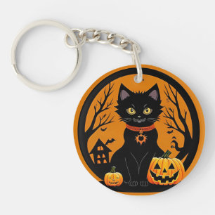 Halloween Black Cat Surrounded by Jack-o'-Lanterns Key Ring