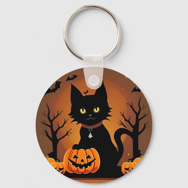 Halloween Black Cat Surrounded by Jack-o'-Lanterns Key Ring (Front)