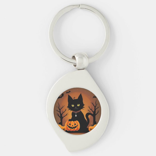 Halloween Black Cat Surrounded by Jack-o'-Lanterns Key Ring (Front)
