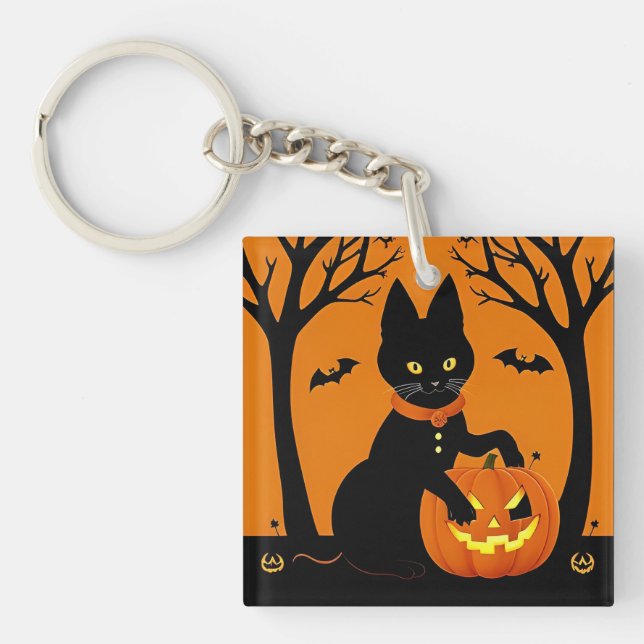 Halloween Black Cat Surrounded by Jack-o'-Lanterns Key Ring (Front)