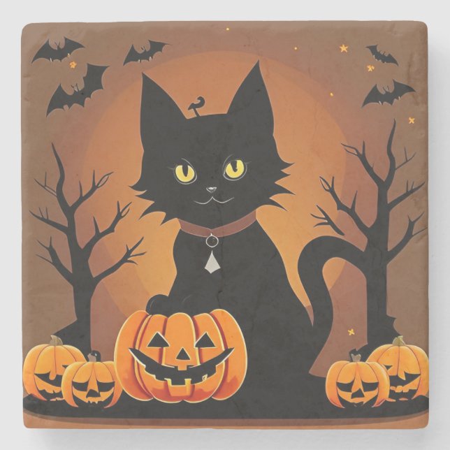 Halloween Black Cat Surrounded by Jack-o'-Lanterns Stone Coaster (Front)