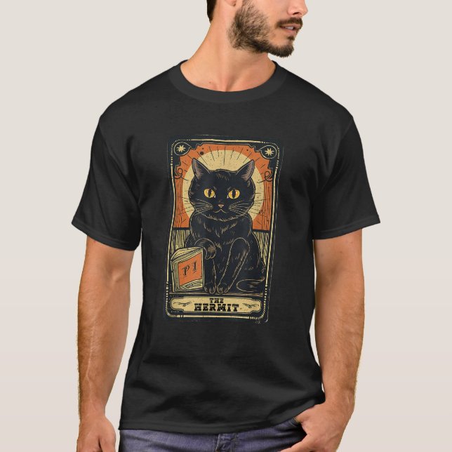Halloween Black Cat The Hermit Tarot Card Reader W T-Shirt (Front)
