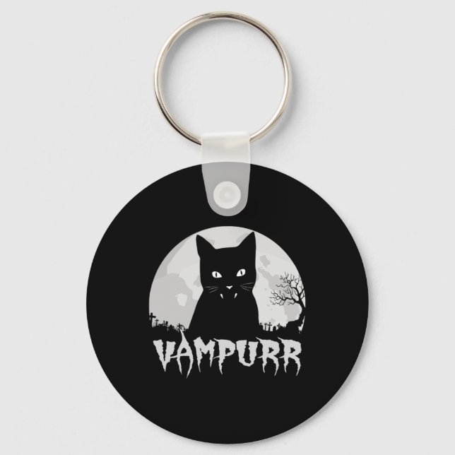 Halloween Black Cat Vampire With Full Moon - Vampu Key Ring (Front)