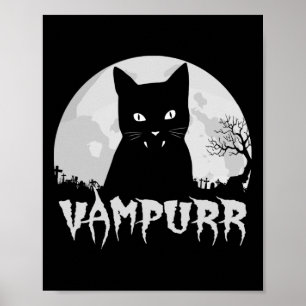 Halloween Black Cat Vampire With Full Moon - Vampu Poster