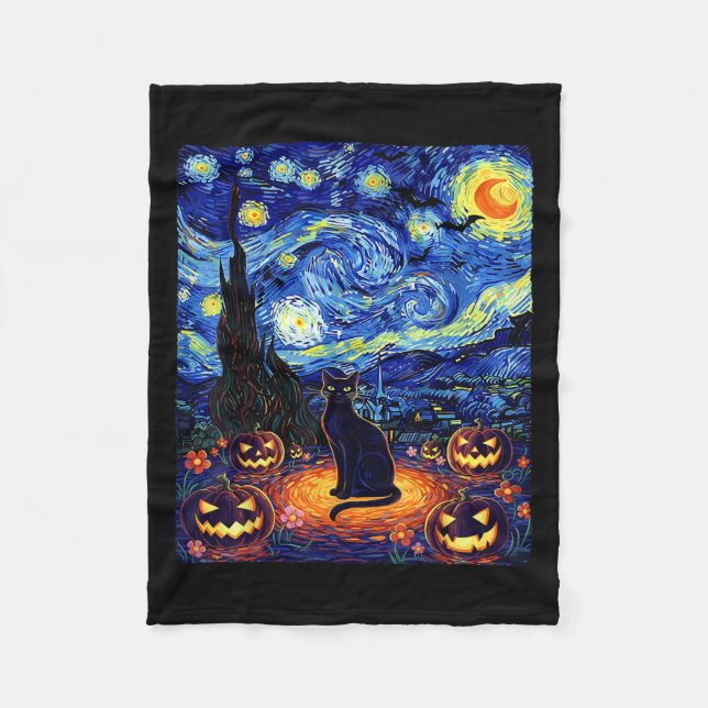 Halloween Black Cat Van Gogh Starry Night Cat Cost Fleece Blanket (Front)