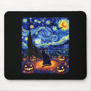 Halloween Black Cat Van Gogh Starry Night Cat Cost Mouse Pad