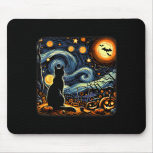 Halloween Black Cat Van Gogh Starry Night Cat Love Mouse Pad