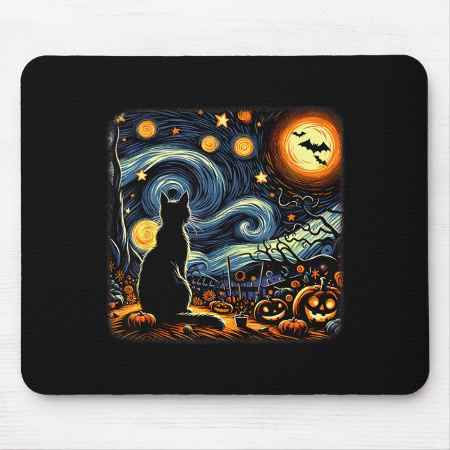 Halloween Black Cat Van Gogh Starry Night Cat Love Mouse Pad (Front)