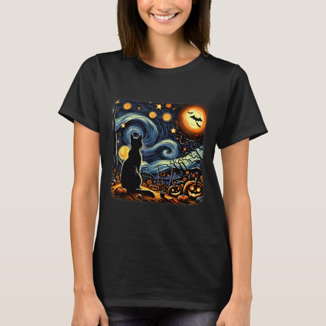Halloween Black Cat Van Gogh Starry Night Cat Love T-Shirt (Front)