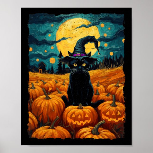 Halloween Black Cat Van Gogh Witch Kawaii Pumpkin  Poster (Front)