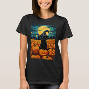 Halloween Black Cat Van Gogh Witch Kawaii Pumpkin  T-Shirt