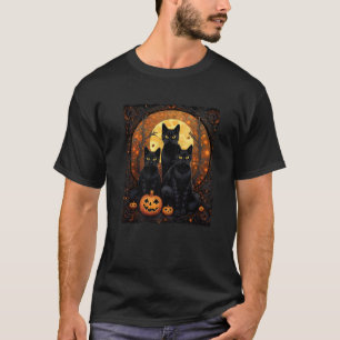 Halloween Black Cat Van Gogh Witch Kawaii Pumpkin  T-Shirt