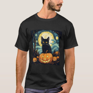 Halloween Black Cat Van Gogh Witch Starry Night Ar T-Shirt