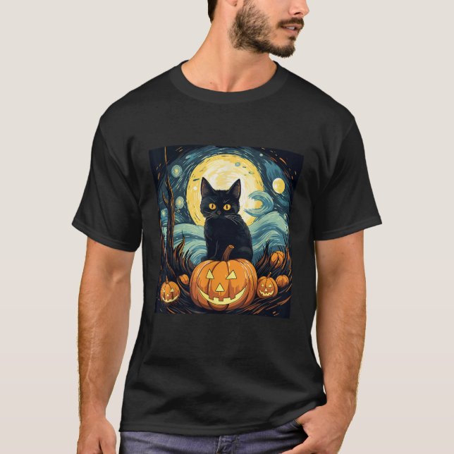 Halloween Black Cat Van Gogh Witch Starry Night Ar T-Shirt (Front)