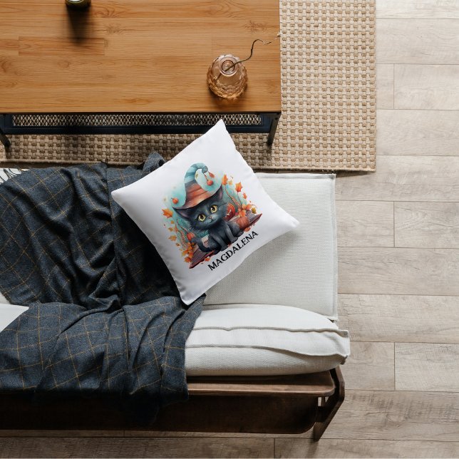 Halloween Black Cat Watercolour  Cushion (Black Cat With Hat Custom Name Halloween Throw Pillow)