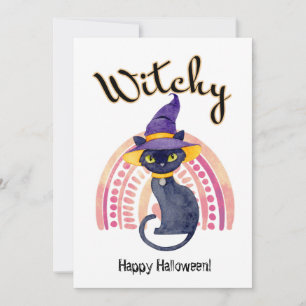 Halloween Black Cat wit Witch Cat Watercolor Thank You Card