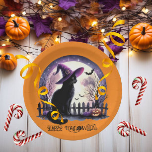 Halloween Black Cat Witch and Bats  Paper Plate