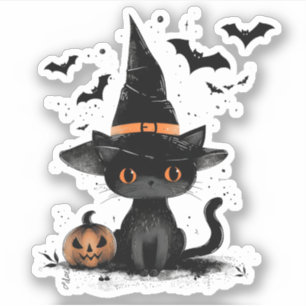 Halloween Black Cat Witch and Bats Sticker