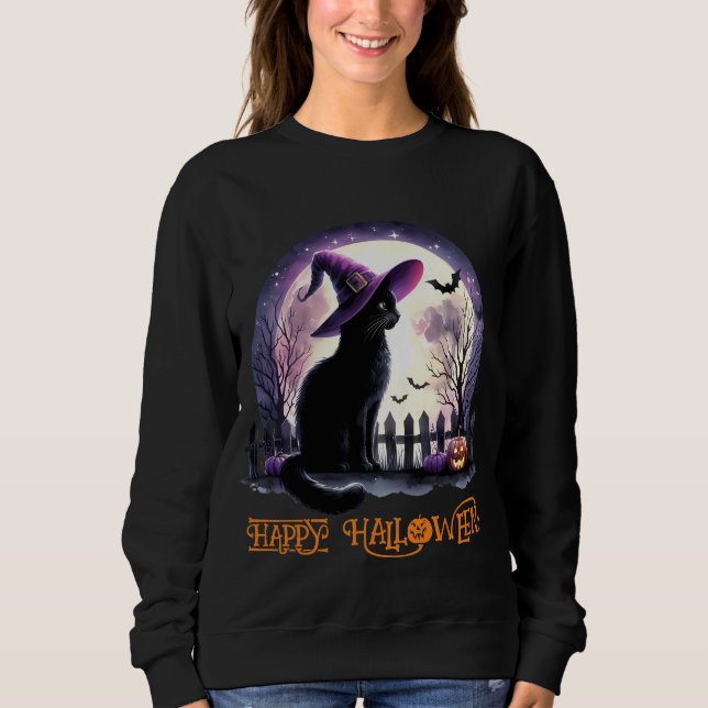 Halloween Black Cat Witch and Bats  Sweatshirt (Front)