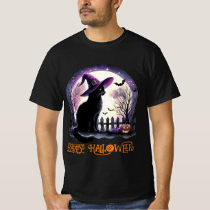 Halloween Black Cat Witch and Bats T-Shirt
