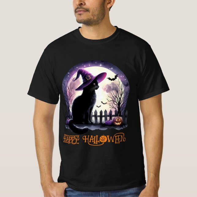 Halloween Black Cat Witch and Bats T-Shirt (Front)