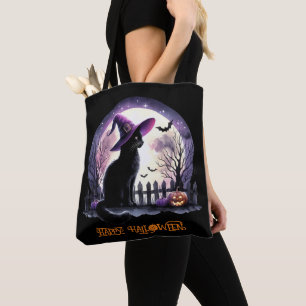 Halloween Black Cat Witch and Bats Tote Bag
