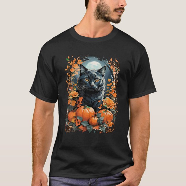 Halloween Black Cat Witch Hat Fall Vibes T Shirt (Front)