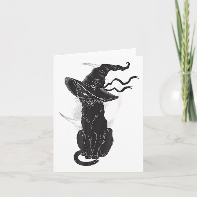 Halloween Black Cat Witch Hat Moon  Card (Front)