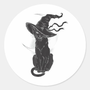 Halloween Black Cat Witch Hat Moon Classic Round Sticker