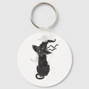Halloween Black Cat Witch Hat Moon Key Ring