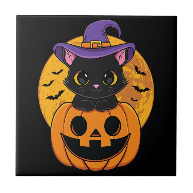 Halloween Black Cat Witch Hat Pumpkin For Kids Gir Ceramic Tile (Front)
