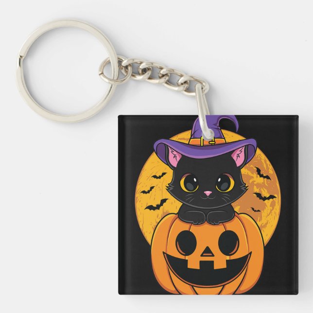 Halloween Black Cat Witch Hat Pumpkin For Kids Gir Key Ring (Front)