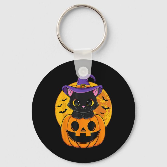 Halloween Black Cat Witch Hat Pumpkin  Key Ring (Front)