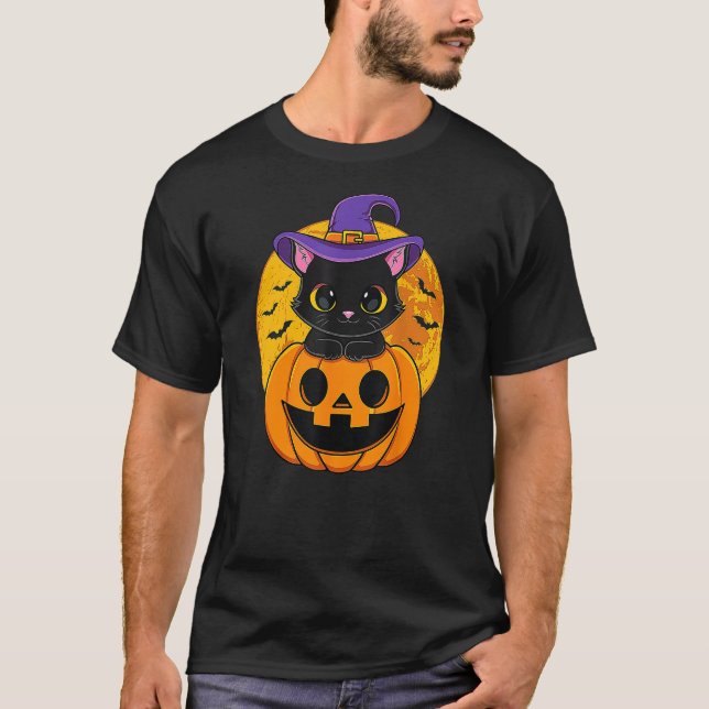 Halloween Black Cat Witch Hat Pumpkin T-Shirt (Front)