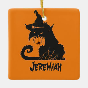 Halloween Black Cat Witch Spooky Spiders    Ceramic Ornament