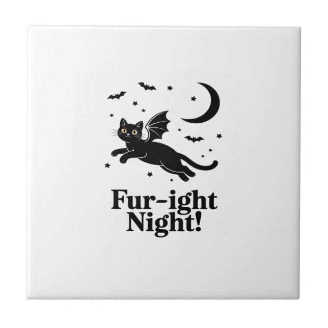 Halloween Black Cat with Bat Wings Graphic Classic Ceramic Tile (Front)