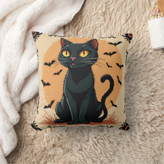 HALLOWEEN BLACK CAT WITH BATS CUSHION