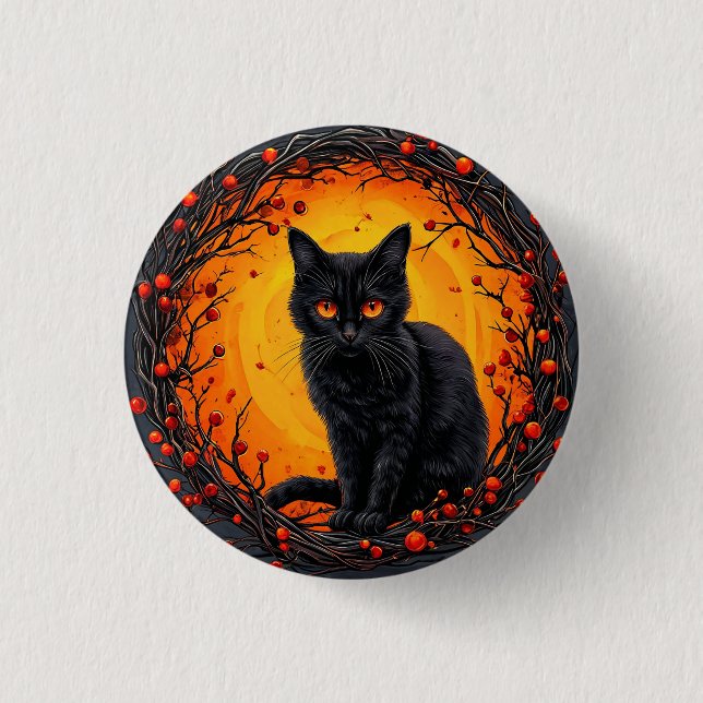 Halloween Black Cat with Glowing Eyes 3 Cm Round Badge (Front)