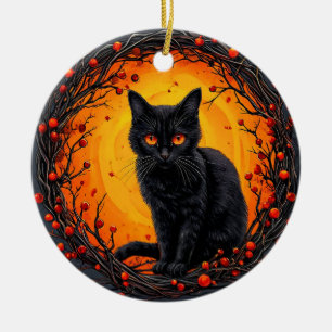 Halloween Black Cat with Glowing Eyes Ceramic Ornament