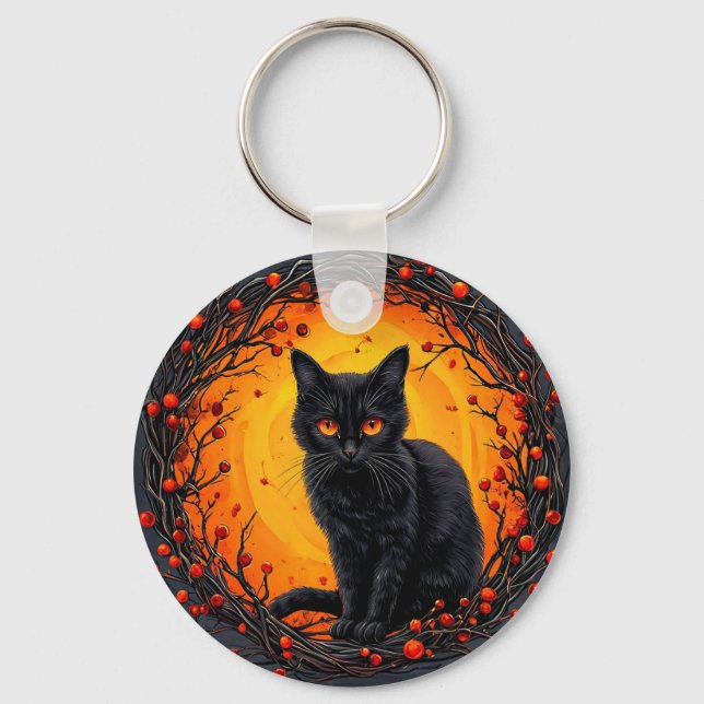 Halloween Black Cat with Glowing Eyes Key Ring (Front)