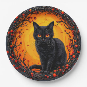 Halloween Black Cat with Glowing Eyes Paper Plate