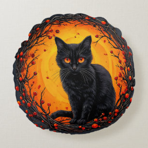Halloween Black Cat with Glowing Eyes Round Cushion